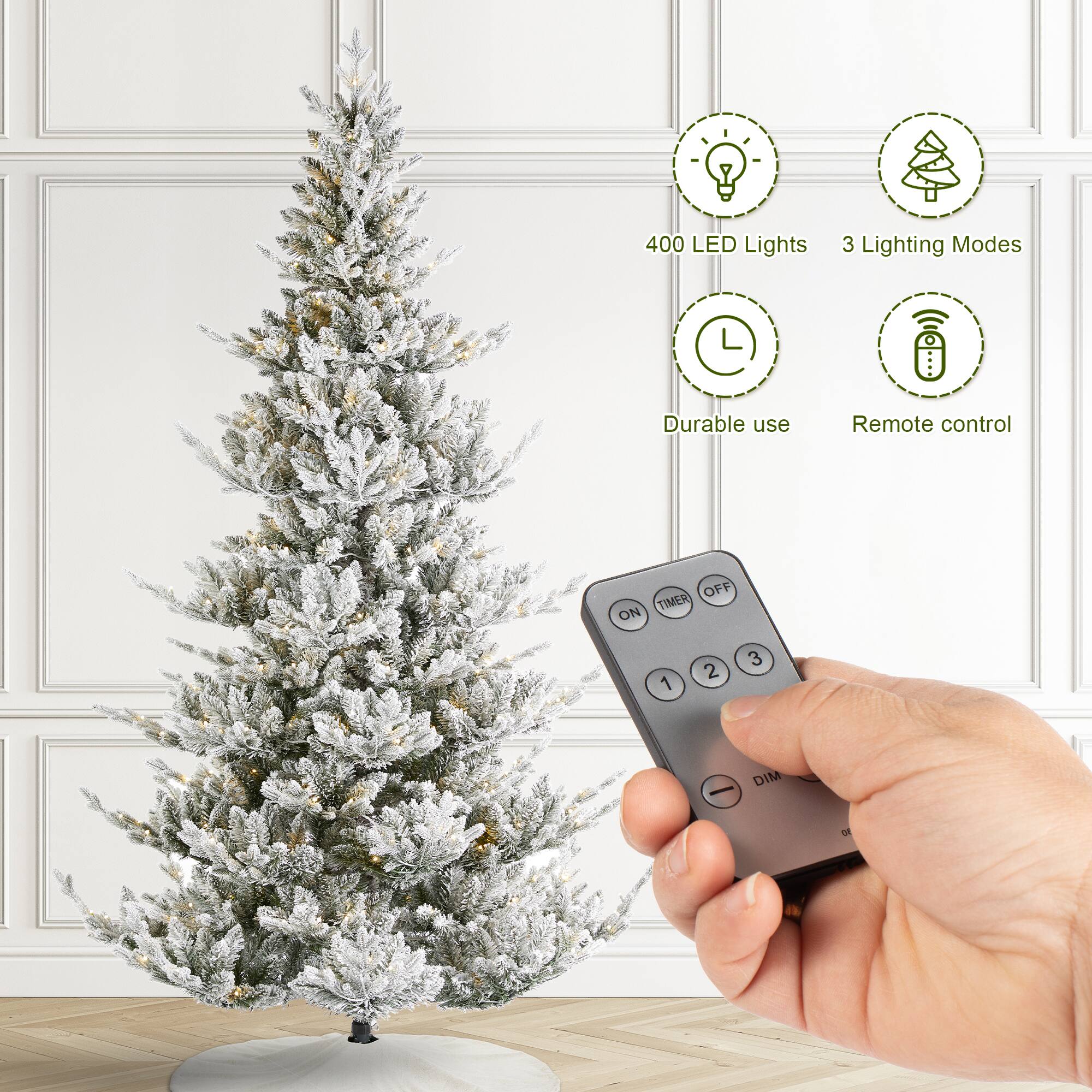 Glitzhome® 7.5ft Pre-Lit Flocked Upward Slim Fir Artificial Christmas Tree, Warm White LED Lights